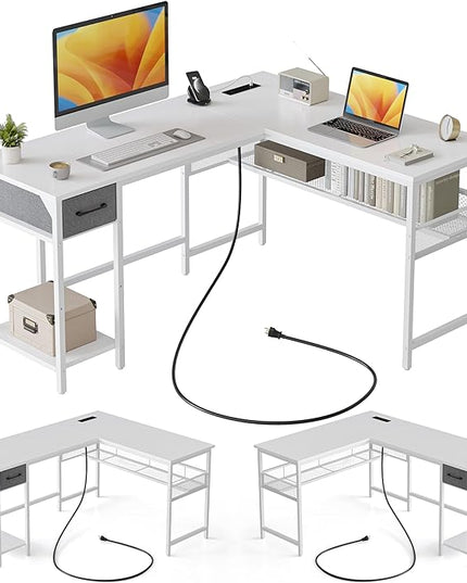 CubiCubi L Shaped Gaming Desk with Power Outlets and USB Charging Ports, 58" Reversible Corner Computer Desk with Storage Shelves and Drawer, Home Office Desk with Bookshlf, White - LeafyLoom