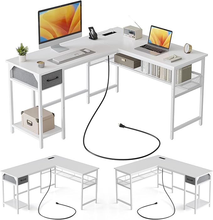 CubiCubi L Shaped Gaming Desk with Power Outlets and USB Charging Ports, 58" Reversible Corner Computer Desk with Storage Shelves and Drawer, Home Office Desk with Bookshlf, White - LeafyLoom