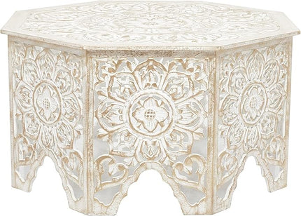 Deco 79 Wood Floral Handmade Living Room Coffee Table Intricately Carved Table with Arched Cutouts and Brown Distressing, Center Table 33" x 33" x 18", Cream - LeafyLoom