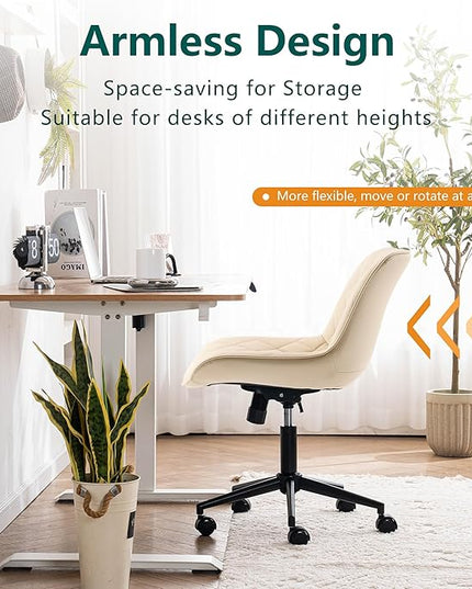 YOUNUOKE Comfortable Desk Chair, Home Office Chairs with Wheels, Armless Samll Comfy Vanity Chairs, PU Leather Computer Task Work Desk Chairs, Beige - LeafyLoom