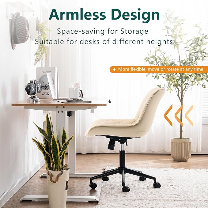 YOUNUOKE Comfortable Desk Chair, Home Office Chairs with Wheels, Armless Samll Comfy Vanity Chairs, PU Leather Computer Task Work Desk Chairs, Beige - LeafyLoom