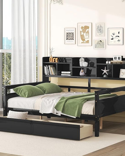 Full Size Daybed with Bedside Shelf and Two Drawers,Multifunctional Storage Solid Wood Bed,W/Wooden Slat Support,No Box Spring Needed,for Bedroom,Living Room,Apartment,Espresso - LeafyLoom