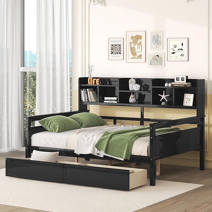 Full Size Daybed with Bedside Shelf and Two Drawers,Multifunctional Storage Solid Wood Bed,W/Wooden Slat Support,No Box Spring Needed,for Bedroom,Living Room,Apartment,Espresso - LeafyLoom