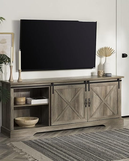 Walker Edison Corbin Modern Farmhouse Sliding X Barn Door TV Stand for TVs up to 80 Inches, 70 Inch, Grey Wash - LeafyLoom
