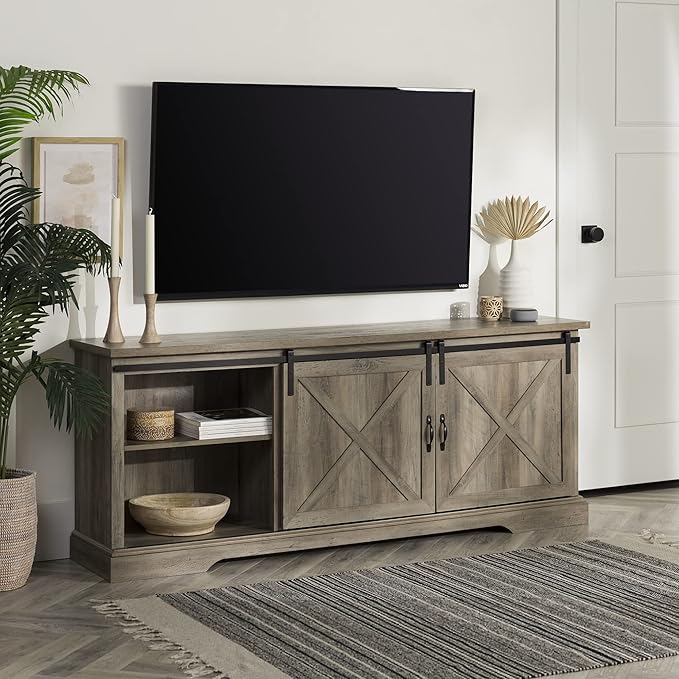 Walker Edison Corbin Modern Farmhouse Sliding X Barn Door TV Stand for TVs up to 80 Inches, 70 Inch, Grey Wash - LeafyLoom