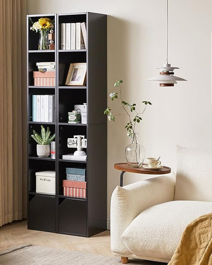 IBUYKE 6 Tier Tall Narrow Bookcase, Modern Black Corner Bookcase with Doors Storage,Cube Media Tower Rack,Cabinet,Floor Standing Display Storage Shelves for Small Spaces,for Home Office Black UWBC001B - LeafyLoom