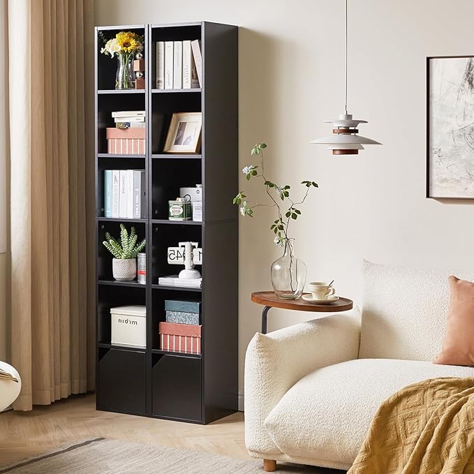 IBUYKE 6 Tier Tall Narrow Bookcase, Modern Black Corner Bookcase with Doors Storage,Cube Media Tower Rack,Cabinet,Floor Standing Display Storage Shelves for Small Spaces,for Home Office Black UWBC001B - LeafyLoom