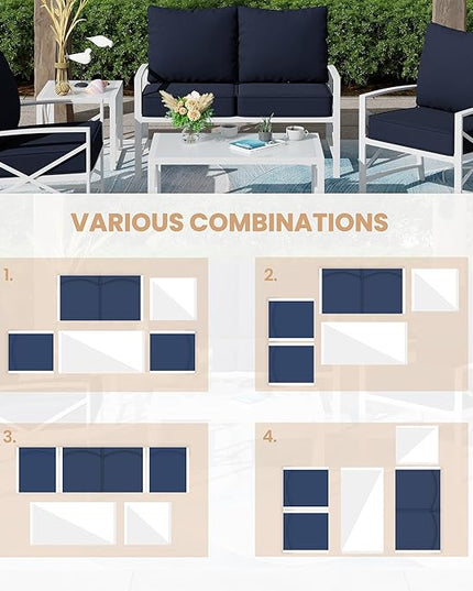 Shintenchi 5 Piece Outdoor Furniture Sets, White Metal Sofa Conversation Sets with Loveseat, Two Single Chairs and Two Coffee Tables for Backyard, Patio, Balcony, Poolside (Dark Blue) - LeafyLoom