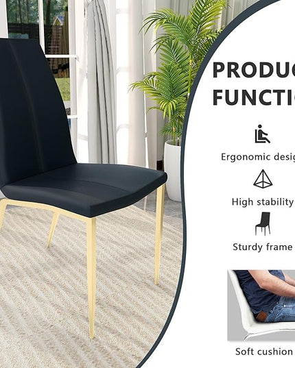 Modern Faux Leather Dining Chairs Set of 4, Padded Seat Dining Side Chairs, Upholstered Chair with Metal Legs for Kitchen, Living Room, Dining Room, Black Chairs+Gold Legs - LeafyLoom