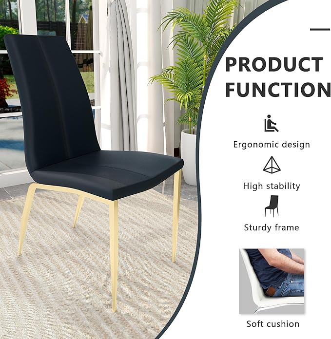 Modern Faux Leather Dining Chairs Set of 4, Padded Seat Dining Side Chairs, Upholstered Chair with Metal Legs for Kitchen, Living Room, Dining Room, Black Chairs+Gold Legs - LeafyLoom