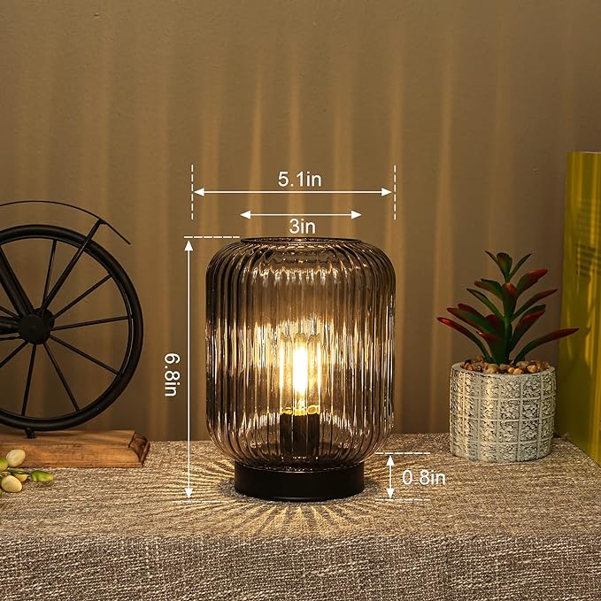 Battery Operated Lamp, Cordless Table Lamps for Home Decor, Battery Powered Nightlight with LED Bulb, Decorative Glass Beside Lamp for Bedroom Living Room-Grey - LeafyLoom