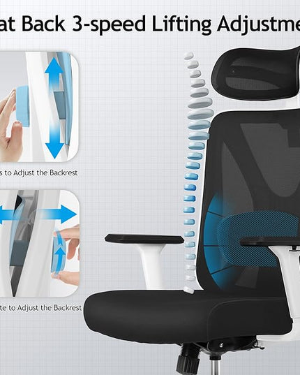 KERDOM Ergonomic Office Chair Desk Chair Comfortable Mesh Gaming Computer Swivel Rolling Chair, High Back Office Chair with Wheels, Headrest, 3D Armrest and Lumbar Support Home Office Desk Chair White - LeafyLoom