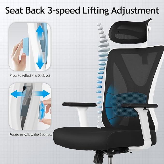 KERDOM Ergonomic Office Chair Desk Chair Comfortable Mesh Gaming Computer Swivel Rolling Chair, High Back Office Chair with Wheels, Headrest, 3D Armrest and Lumbar Support Home Office Desk Chair White - LeafyLoom