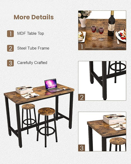 Recaceik 3 Piece Pub Dining Set, Modern bar Table and Stools for 2 Kitchen Counter Height Wood Top Bistro Easy Assemble for Breakfast Nook Living Room Small Space Restaurant, Rustic Brown 47" - LeafyLoom