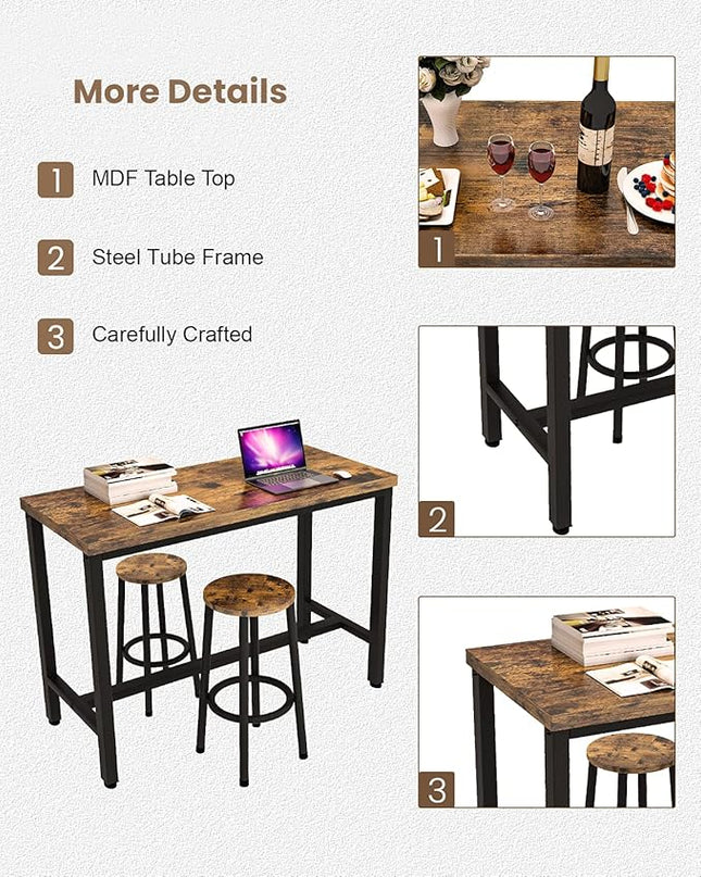 Recaceik 3 Piece Pub Dining Set, Modern bar Table and Stools for 2 Kitchen Counter Height Wood Top Bistro Easy Assemble for Breakfast Nook Living Room Small Space Restaurant, Rustic Brown 47" - LeafyLoom