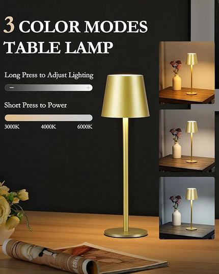 2Pack Cordless Table Lamp, 5200mAh IP54 Waterproof Rechargeable Battery Desk Lamp, 3 Color Stepless Dimming Up，Battery Operated Lamp for Kitchen/Outdoor/Restaurant/Camping (Champagne) - LeafyLoom