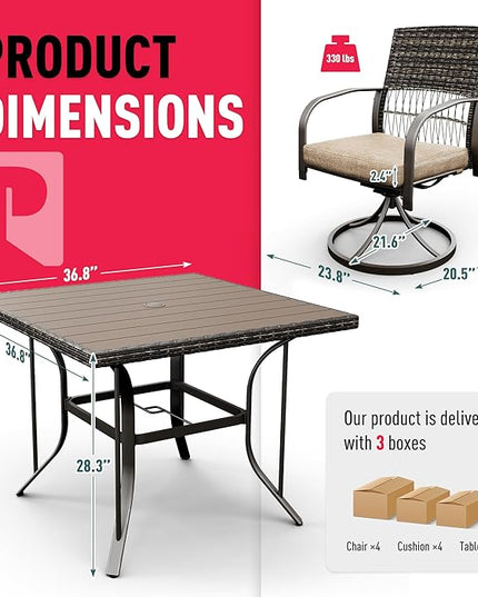 Pamapic 5 Piece Outdoor Dining Set, Rattan Outdoor Patio Furniture Set for Deck Backyard with Plastic-Wood Outdoor Dining Table, 4 Swivel Outdoor Dining Chairs and Removable Cushions (Beige) - LeafyLoom