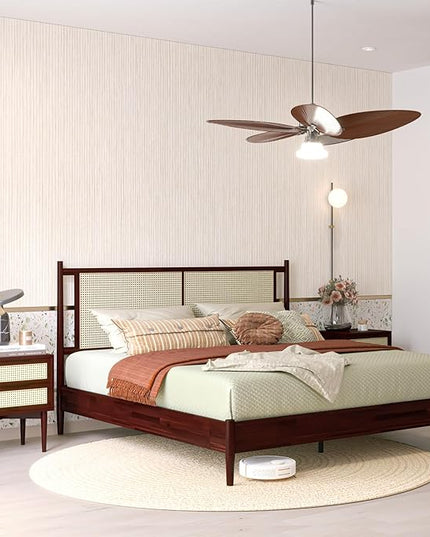 Bme Oliver King Bed Frame and Headboard - 15-Inch Signature Design with Rattan Headboard, Bohemian and Mid Century Style, 12-Slat Wood Support, No Box Spring Needed - Easy Assembly, Walnut - LeafyLoom