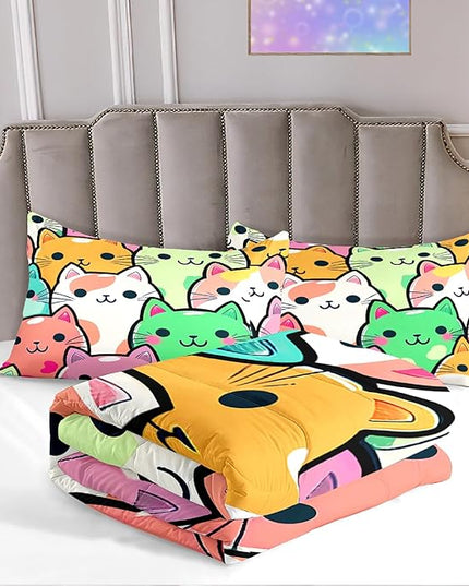 Cat Bedding Set - Full Size Comforter, 2 Pillowcases for Girls, Soft Breathable Polyester, Machine Washable, Cat Themed Bedding for Kids Room Decor, Birthday & Holiday Gift - LeafyLoom