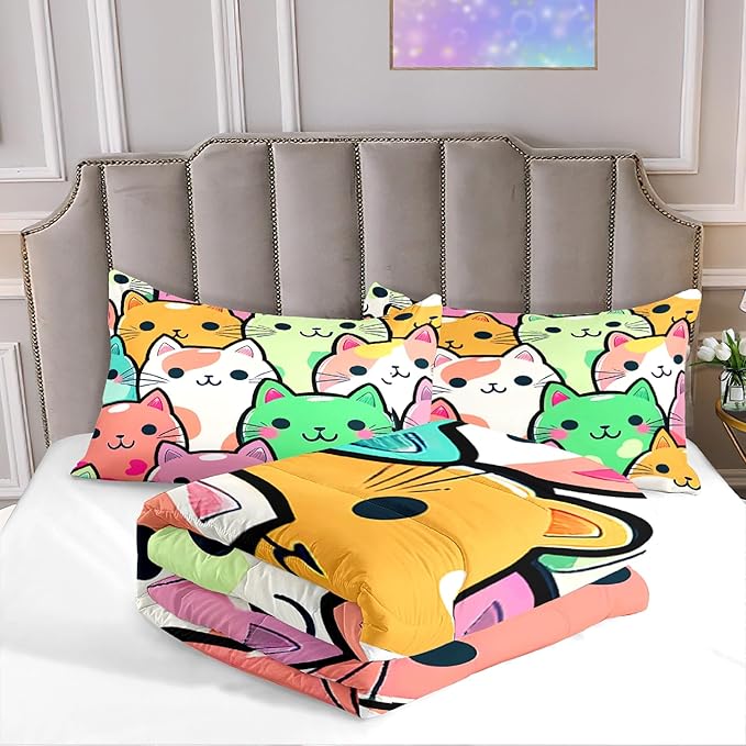 Cat Bedding Set - Full Size Comforter, 2 Pillowcases for Girls, Soft Breathable Polyester, Machine Washable, Cat Themed Bedding for Kids Room Decor, Birthday & Holiday Gift - LeafyLoom