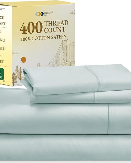 California Design Den Softest 100% Cotton Sheets, Full Size Sheet Sets, 4 Pc Set, 400 Thread Count Sateen Bedding, Deep Pocket Sheets, Cooling Sheets, Full Size Sheets, Breathable Bed Set (Seafoam) - LeafyLoom