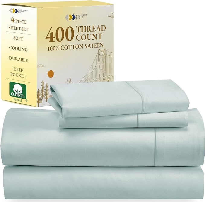 California Design Den Softest 100% Cotton Sheets, Full Size Sheet Sets, 4 Pc Set, 400 Thread Count Sateen Bedding, Deep Pocket Sheets, Cooling Sheets, Full Size Sheets, Breathable Bed Set (Seafoam) - LeafyLoom