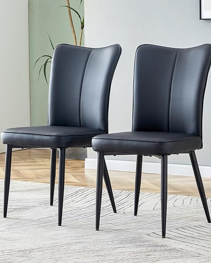 Modern Dining Chairs Set of 2, PU Leather Seat Cushions Black Dining Room Chair, with Black Metal Legs Kitchen Chair for Home Living Room, Restaurant, Black Chair Black Legs - LeafyLoom