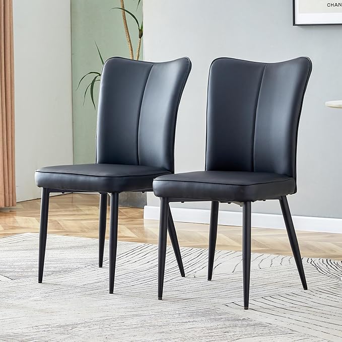 Modern Dining Chairs Set of 2, PU Leather Seat Cushions Black Dining Room Chair, with Black Metal Legs Kitchen Chair for Home Living Room, Restaurant, Black Chair Black Legs - LeafyLoom