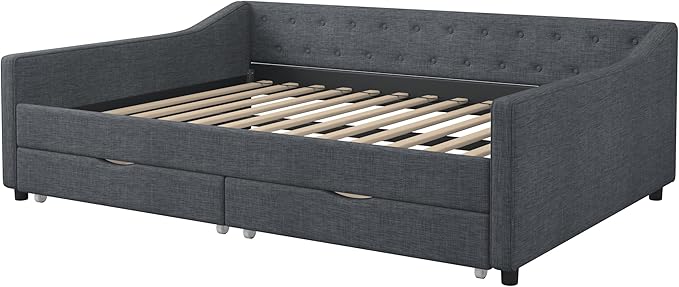 Full Size Daybed with Drawers, Linen Upholstered Tufted Sofa Bed Frame with Button on Back, Waved Shape Arms, Wooden Slats Support, Space-Saving, for Apartment, Bedroom, Dark Grey - LeafyLoom