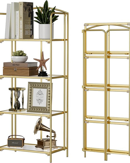 No Assembly Folding Bookshelf, 4 Tier Gold Bookshelf, Metal Book Shelf for Storage, Folding Bookcase for Office Organization and Storage, 12.6" D x 22.44" W x 55.51" H - LeafyLoom