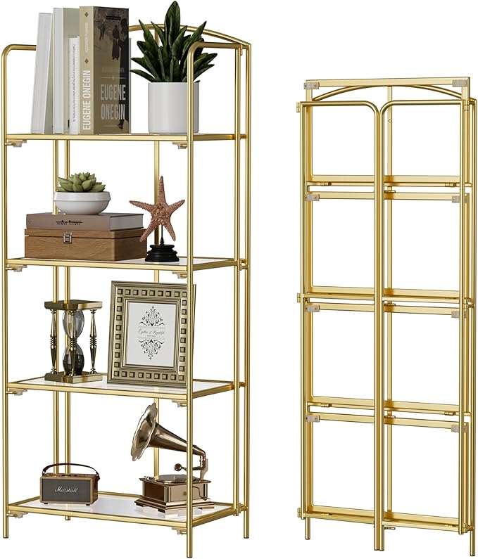 No Assembly Folding Bookshelf, 4 Tier Gold Bookshelf, Metal Book Shelf for Storage, Folding Bookcase for Office Organization and Storage, 12.6" D x 22.44" W x 55.51" H - LeafyLoom