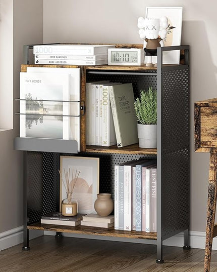 3 Tier Large Bookshelf with Storage Cabinet, Metal Industrial Bookcase Storage Organizer with Sliding Door, Open Standing Shelf Unit for Bedroom, Living Room, Home Office, Rustic Brown - LeafyLoom