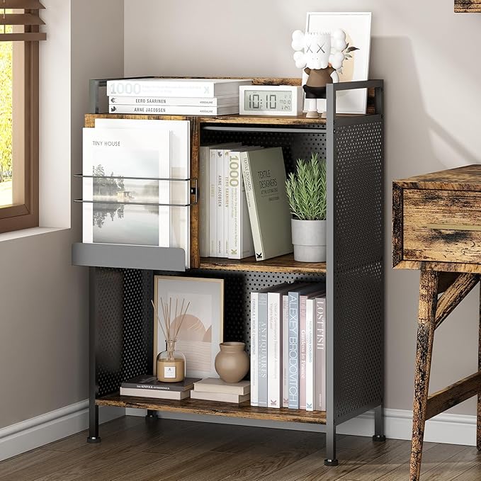 3 Tier Large Bookshelf with Storage Cabinet, Metal Industrial Bookcase Storage Organizer with Sliding Door, Open Standing Shelf Unit for Bedroom, Living Room, Home Office, Rustic Brown - LeafyLoom