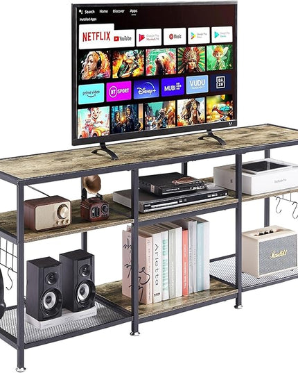 VECELO 55" TV Stand for 55/60/65 Inch Television, Entertainment Center with Storage Shelves & Hooks, 3-Tier Modern Wooden Console Table for Living, Bedroom and Gaming Room, 55 Inch, Oak Grey - LeafyLoom