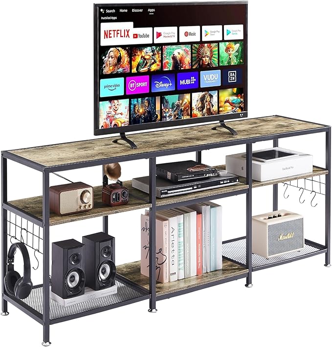 VECELO 55" TV Stand for 55/60/65 Inch Television, Entertainment Center with Storage Shelves & Hooks, 3-Tier Modern Wooden Console Table for Living, Bedroom and Gaming Room, 55 Inch, Oak Grey - LeafyLoom