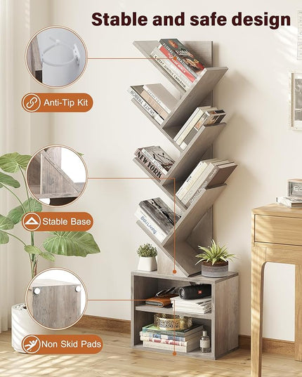SUNMORY 6 Tier Tree Bookshelf, Tall Bookcase with Storage Cabinet, Modern Narrow Bookshelves Organizer, Floor Standing Book Shelf for Bedroom/Living Room/Home Office/Corner, Grey - LeafyLoom