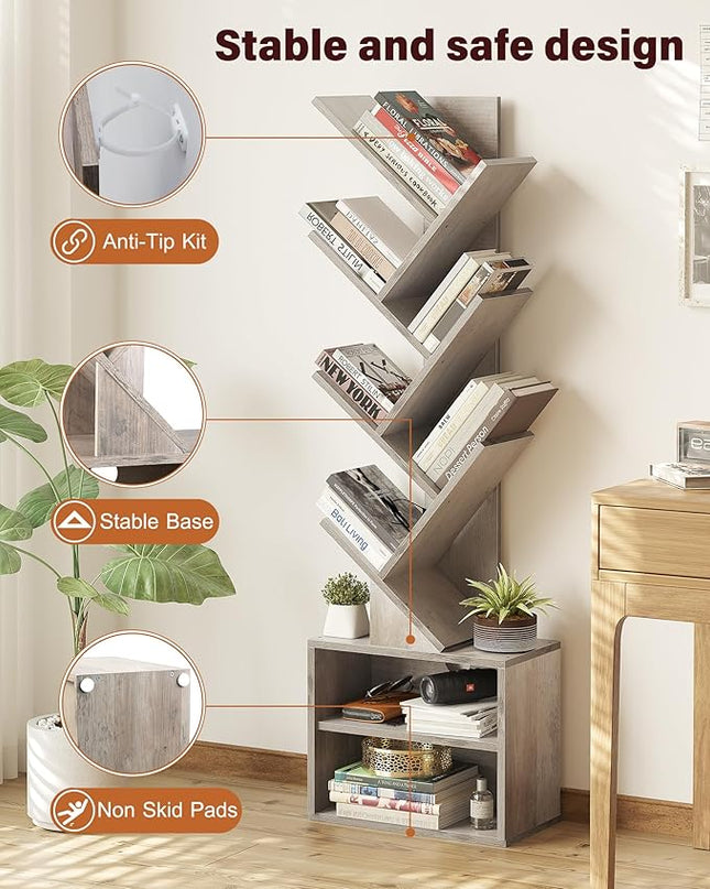 SUNMORY 6 Tier Tree Bookshelf, Tall Bookcase with Storage Cabinet, Modern Narrow Bookshelves Organizer, Floor Standing Book Shelf for Bedroom/Living Room/Home Office/Corner, Grey - LeafyLoom