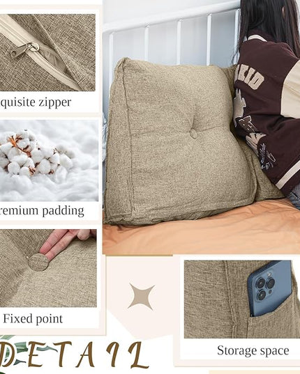 Headboard Wedge Pillow Triangular Bed Rest Reading Backrest Body Bolster Cushion Back Support Long Bolster Pillow for Bed Gifts with Removable Cover (Khaki Gray,Queen (59 x 20 x 8 Inch)) - LeafyLoom