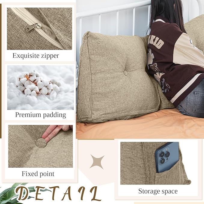 Headboard Wedge Pillow Triangular Bed Rest Reading Backrest Body Bolster Cushion Back Support Long Bolster Pillow for Bed Gifts with Removable Cover (Khaki Gray,Queen (59 x 20 x 8 Inch)) - LeafyLoom