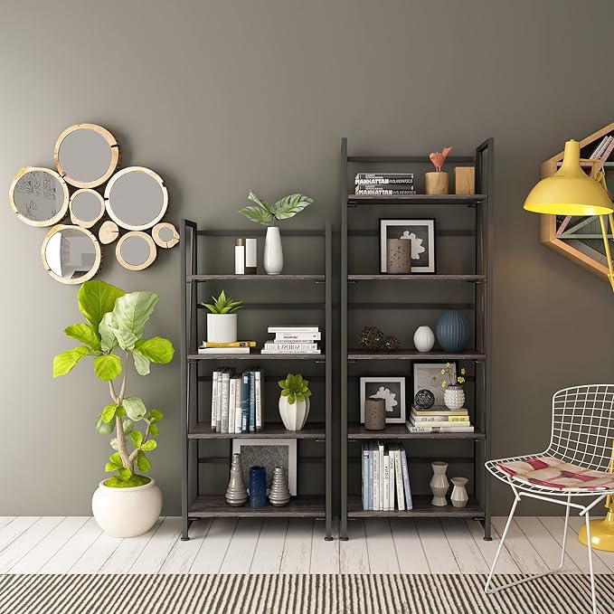 No-Assembly Folding Bookshelf Storage Shelves 5 Tiers Vintage Multifunctional Plant Flower Stand Storage Rack Shelves Bookcase for Home Office (Gray and Black) - LeafyLoom
