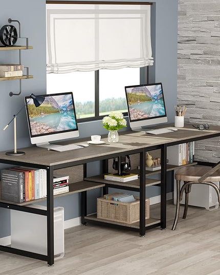 Tribesigns Two Person Desk with Bookshelf, 78.7 Computer Office Double Desk for Two Person, Rustic Writing Desk Workstation with Shelf for Home Office (Grey) - LeafyLoom