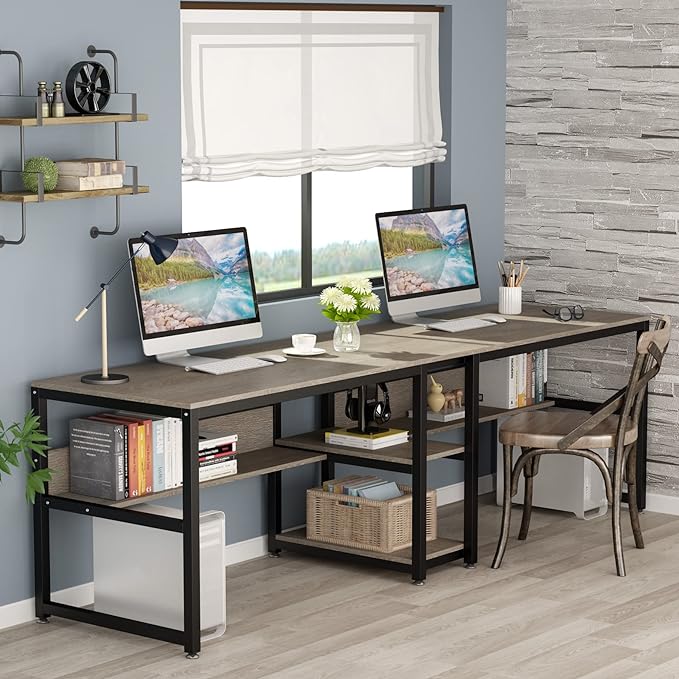 Tribesigns Two Person Desk with Bookshelf, 78.7 Computer Office Double Desk for Two Person, Rustic Writing Desk Workstation with Shelf for Home Office (Grey) - LeafyLoom
