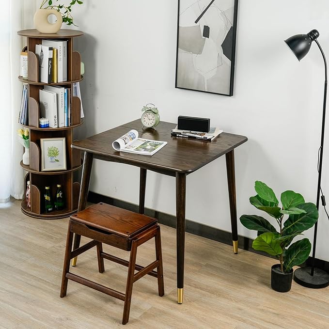 Dining Table 31.5“, Square Small Solid Wood Kitchen Table with Copper Decor for 2, Mid Century Modern Kitchen Dining Table, Oak Finish, Walnut, 31.5 x 31.5 x 29.5 Inch, Walnut - LeafyLoom