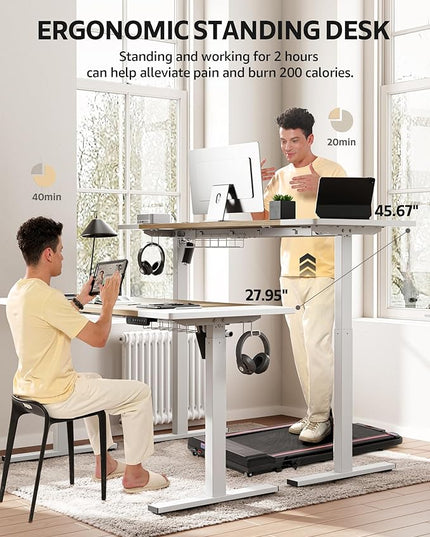 Electric Standing Desk Adjustable - 55 x 24 Inch Sit Stand up Desk with Cable Management - 3 Memory Preset Adjustable Height Desk Computer Home Office Desk - LeafyLoom