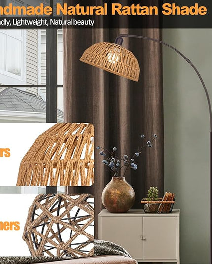 Rattan Floor Lamp- Modern Black Standing Floor Lamps with Remote Control and Stepless Dimmable Bulb, Hand-Worked Adjustable Rattan Lamp Shades Bohemian Floor Lamps for Living Room, Bedroom, Office - LeafyLoom