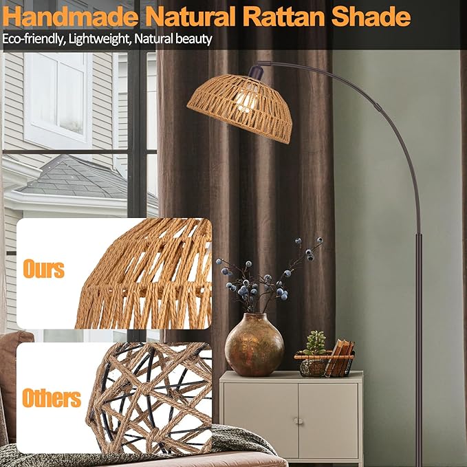 Rattan Floor Lamp- Modern Black Standing Floor Lamps with Remote Control and Stepless Dimmable Bulb, Hand-Worked Adjustable Rattan Lamp Shades Bohemian Floor Lamps for Living Room, Bedroom, Office - LeafyLoom