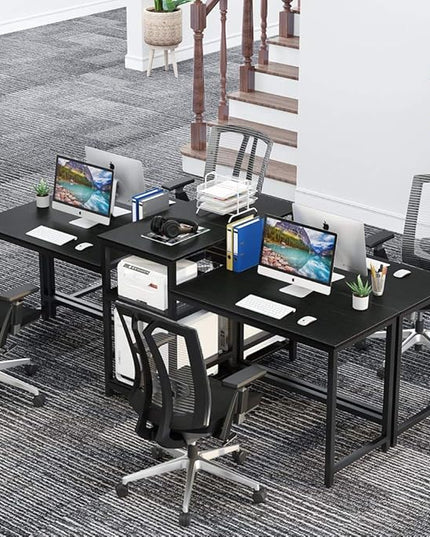 Tribesigns 96.9" Double Computer Desk with Printer Shelf, Extra Long Two Person Desk Workstation with Storage Shelves, Large Office Desk Study Writing Table for Home Office (Black) - LeafyLoom