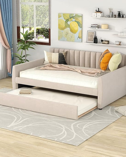 Full Size Velvet Upholstered Daybed with Trundle, Solid Wood Bed w/Vertical Stripes Designed Backrest and Pine Legs, for Living Room, Bedroom, Dorm, No Box Spring Needed - LeafyLoom
