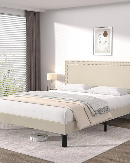 VECELO Queen Size Platform Bed Frame with Height Adjustable Upholstered Headboard, Modern Mattress Foundation,Strong Wood Slat Support, No Box Spring Needed, Easy Assembly - LeafyLoom