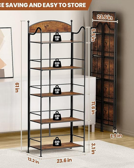 Folding Bookshelf No Assembly, 5 Shelf Black Folding Bookcase, Industrial Tall Metal Collapsible Corner Book Shelf with Storage Shelves for Bedroom, Living Room, Home Office Organization - LeafyLoom